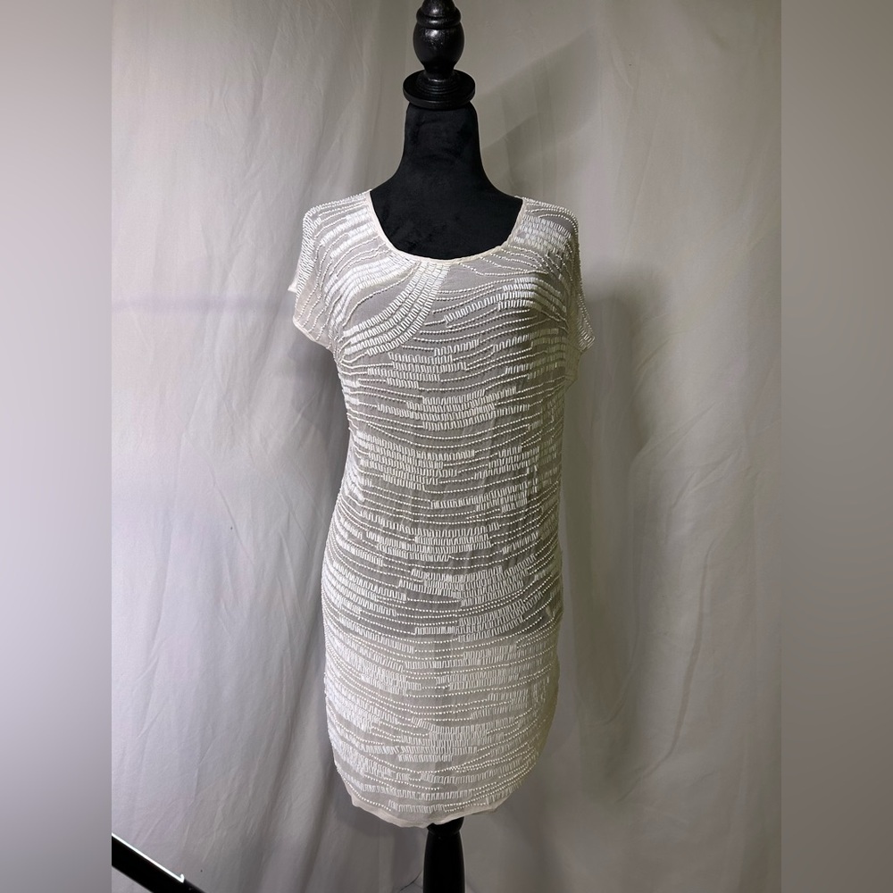 White Silk Beaded Scoop Neck  Mini Dress Adjustable Tie Small Gold Hawk